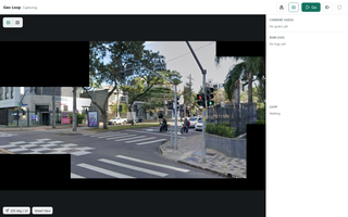 A masked Street View start frame (Bloemfontein). The black regions are the HUD masks that enforce the pixels-only contract.